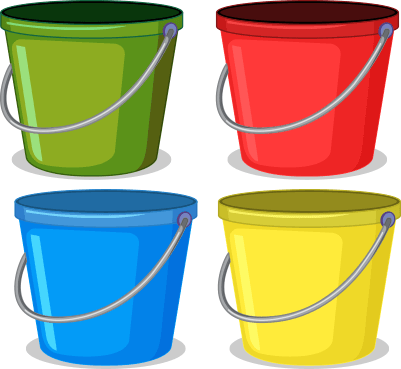 Vier Eimer mit verschiedenen Farben. Überblick bei einer Unterhaltsreinigung